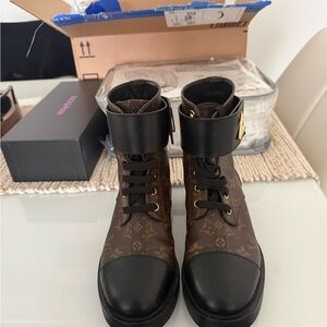 Louis Vuitton Brown Monogram Lace-Up Combat Boots with Black Cap